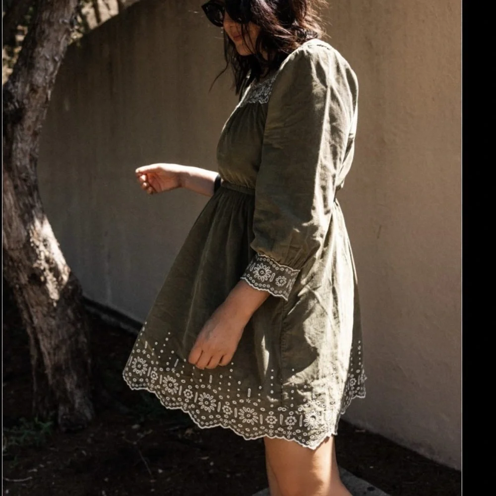 Madewell Embroidered corduroy olive green square neck mini dress‎ Sz PL new